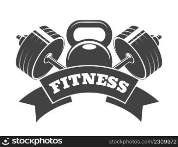 Fitness or Athletic club logo emblem with kettlebell and barbell isolated on white. Vector illustration.