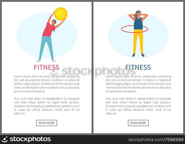 Fitness people leading active lifestyle vector, woman holding inflatable ball in hands. Hoop training, flexibility improvement, weight loss, keeping fit. Fitness Woman Training with Ball and Hoop Website
