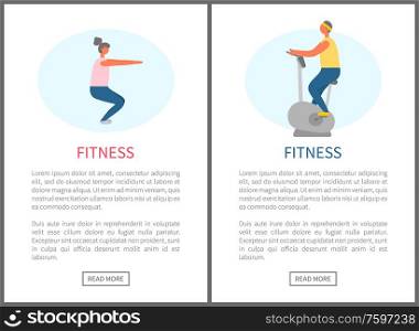 Fitness people leading healthy lifestyle vector, athletes doing squats and riding machine bicycle. Man and woman in gym losing weight and keep fit. Fitness Websites, Squats and Bicycle Exercise