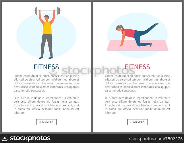 Fitness people, man pumping muscles with dumbbell and woman doing exercise on mat. Sporty website decorated by portrait view of strong person vector. Strong People Exercising, Fitness Online Vector