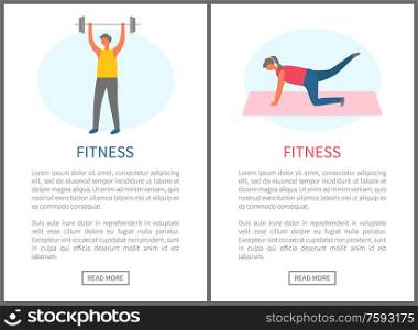 Fitness people, man pumping muscles with dumbbell and woman doing exercise on mat. Sporty website decorated by portrait view of strong person vector. Strong People Exercising, Fitness Online Vector