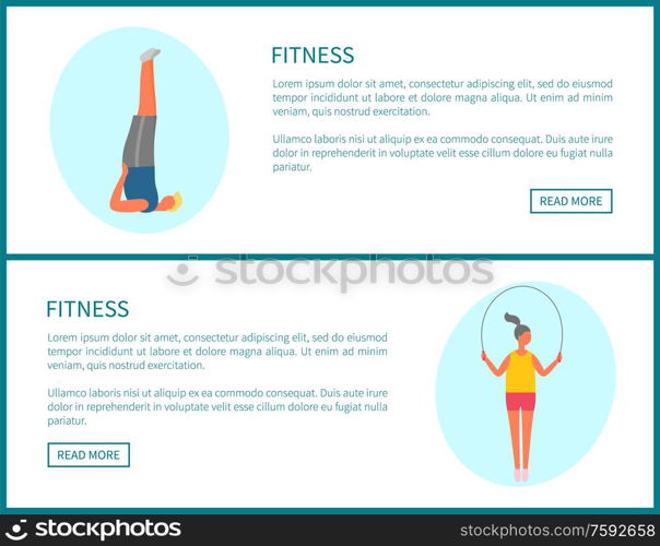 Fitness people vector, website pages. Active woman with jumping rope and man standing in one position, yoga and weight loss, stretching exercises. Fitness Activities of People, Active Lifestyle Set