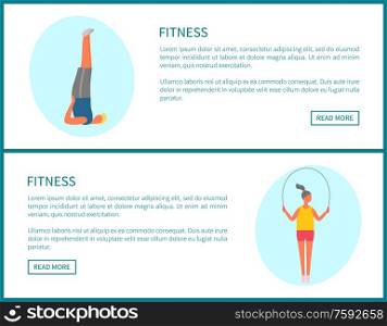 Fitness people vector, website pages. Active woman with jumping rope and man standing in one position, yoga and weight loss, stretching exercises. Fitness Activities of People, Active Lifestyle Set