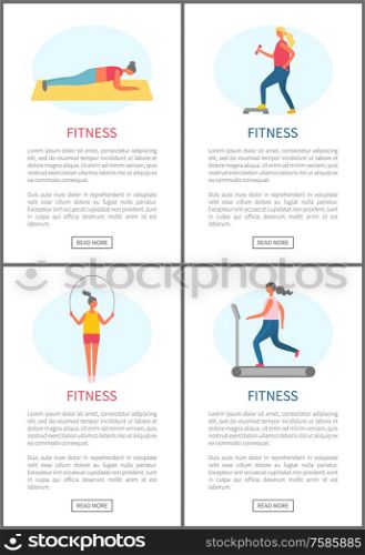 Fitness people vector, woman with heavy dumbbells, lady using jumping rope and person running on special machine in gym. Losing weight and keep fit. Fitness Active Lifestyle and Sporting People Set