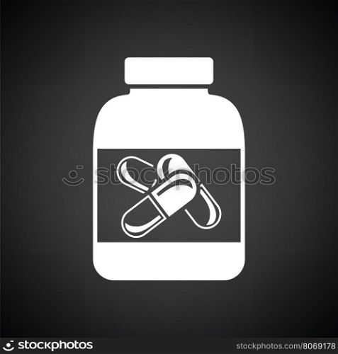Fitness pills in container icon. Black background with white. Vector illustration.