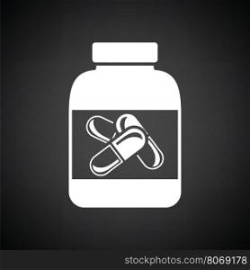 Fitness pills in container icon. Black background with white. Vector illustration.