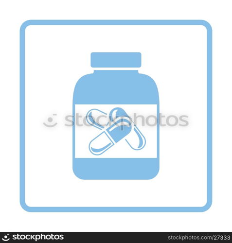 Fitness pills in container icon. Blue frame design. Vector illustration.