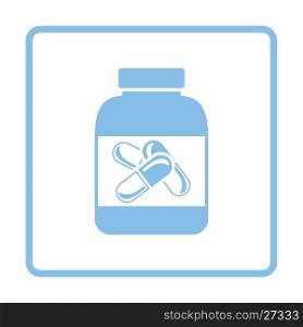 Fitness pills in container icon. Blue frame design. Vector illustration.
