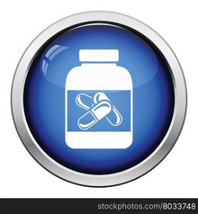 Fitness pills in container icon. Glossy button design. Vector illustration.