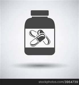 Fitness pills in container icon on gray background with round shadow. Vector illustration.