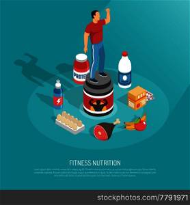Fitness protein sources food supplements energizes drinks healthy nutrition isometric background poster with exercising man vector illustration . Fitness Nutrition Supplements Isometric Poster