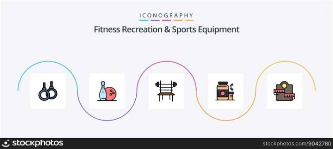Fitness Recreation And Sports Equipment Line Filled Flat 5 Icon Pack Including supplement. protein. balance. gainer. machine