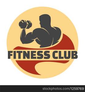 Fitness Retro Emblem. Bodybuilder with dumbbell in Hand. Vector illustration.