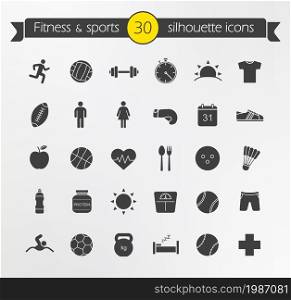 Fitness silhouette icons set. Active healthy lifestyle. Physical exercise equipment. Diet healthcare nutrition. Weight loss recreational activities. Sport and leisure games. Isolated vector symbols. Fitness silhouette icons set