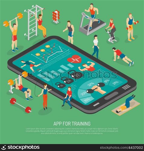 Fitness Smartphone Accessories Apps Isometric Poster. Best fitness training with smart phone accessories apps to stay in shape isometric poster abstract vector illustration
