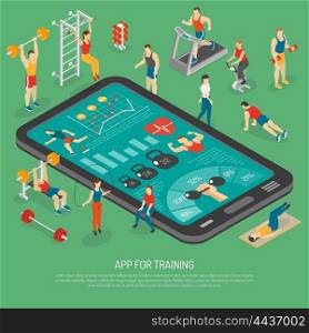 Fitness Smartphone Accessories Apps Isometric Poster. Best fitness training with smart phone accessories apps to stay in shape isometric poster abstract vector illustration