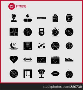 Fitness Solid Glyph Icon Pack For Designers And Developers. Icons Of Medical, Scanner, Statistic, Monitor, Medical, Fitness, Healthcare, Gym, Vector