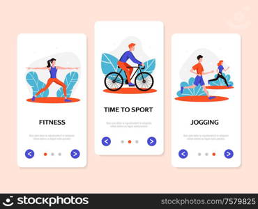 Fitness sport active lifestyle benefits 3 flat vertical web banners set with jogging and cycling vector illustration