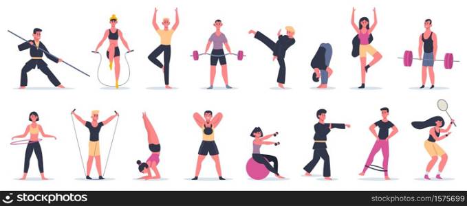 Fitness sport activities. People training, male female characters performing sport, martial arts and yoga vector illustration icons set. Art martial and yoga, sportswear and athletic equipment. Fitness sport activities. People activity training, male female characters performing sports, martial arts and yoga vector illustration icons set