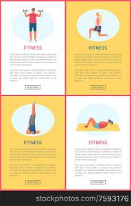 Fitness sport and daily workout online web pages templates vector. Dumbbells lifting and lunges, candlestick exercise and sit-ups, home trainings. Daily Workout and Fitness Tips Online Web Pages