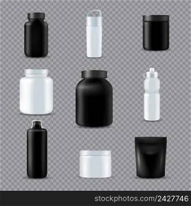 Fitness sport drink supplements nutrition eco bottles realistic white black set transparent background isolated vector illustration . Fitness Sport Bottles Realistic Transparent