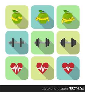 Fitness sport exercises progress icons set of heart rate diet and dumbbells isolated vector illustration