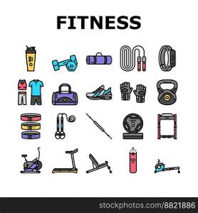 fitness sport gym healthy icons set vector. exercise health, workout weight, training lifestyle, activity diet, muscle dumbbell fitness sport gym healthy color line illustrations. fitness sport gym healthy icons set vector