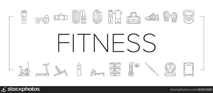 fitness sport gym healthy icons set vector. exercise health, workout weight, training lifestyle, activity diet, muscle dumbbell fitness sport gym healthy black contour illustrations. fitness sport gym healthy icons set vector
