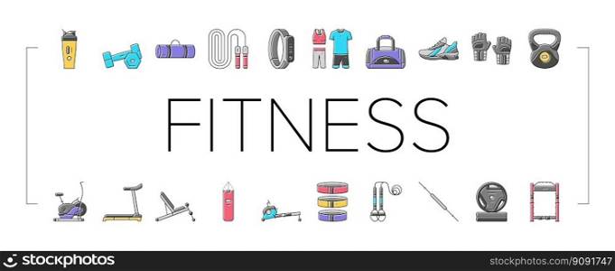 fitness sport gym healthy icons set vector. exercise health, workout weight, training lifestyle, activity diet, muscle dumbbell fitness sport gym healthy color line illustrations. fitness sport gym healthy icons set vector