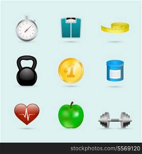 Fitness sport healthcare realistic icons set of scales apple and dumbbells vector illustration