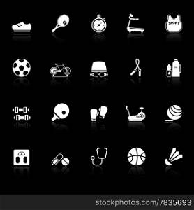 Fitness sport icons with reflect on black background