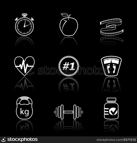 Fitness sport wellness healthcare icons set on black background isolated vector illustration