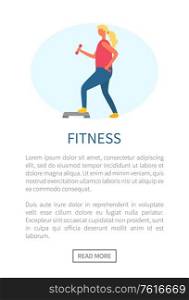 Fitness sporty webpage, side view of woman doing exercise with dumbbells on step, loss weight, active lifestyle, workout website with girl vector. Girl Doing Exercise, Fitness Webpage, Sport Vector