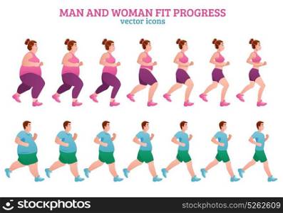 Fitness Stages Composition. Colored fitness stages composition with man and woman fit progress description isolated icon set vector illustration