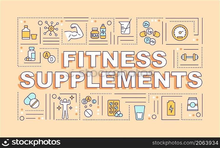 Fitness supplements word concepts beige banner. Healthy lifestyle. Infographics with linear icons on background. Isolated typography. Vector outline color illustration with text. Arial-Black font used. Fitness supplements word concepts beige banner