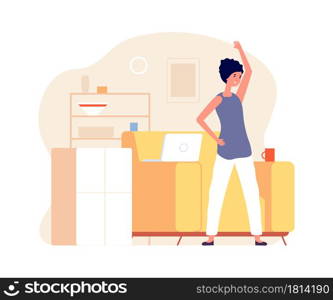 Fitness time. Girl stretching, woman doing exercices. Home office worker, freelance vector illustration. Activity sport at workplace, daily yoga exercise. Fitness time. Girl stretching, woman doing exercices. Home office worker, freelance vector illustration