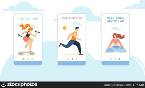 Fitness Time, Run for Fun, Meditation and Relax Mobile App Page Onboard Screen Set for Website, Healthy Lifestyle Courses, Sport Classes, Summer Time Sports Activity. Cartoon Flat Vector Illustration. Fitness Time, Run for Fun, Meditation and Relax