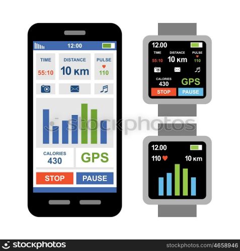 Fitness tracker app for smartwatch and smartphone. Vector