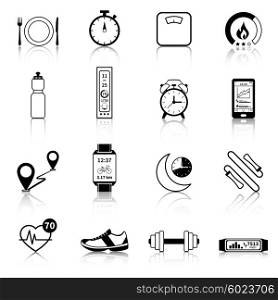 Fitness Tracker Black Icons . Fitness tracker black icons for modern control of body weight calories and heart rate vector illustration