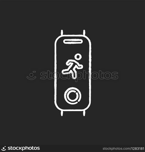 Fitness tracker chalk white icon on black background. Wearable gadget. Physical activity monitoring. Sport wrist band. Heart rate recorder. Electronic device. Isolated vector chalkboard illustration