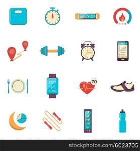 Fitness Tracker Flat Color Icons. Fitness tracker flat color icons with modern digital devices for health control during physical activity isolated vector illustration