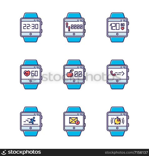 Fitness tracker functions color icons set. Wristband smartwatch capabilities and wellness services. Running health applications, tracking steps, heart rate. Isolated vector illustrations