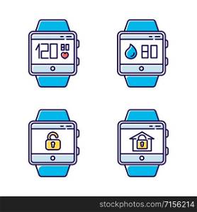 Fitness tracker functions color icons set. Wristband smartwatch capabilities and wellness services. Pulse and heartbeat, water balance, lock and unlock. Isolated vector illustrations