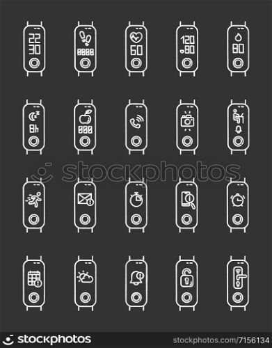 Fitness tracker functions on display chalk icons set. Wellness device health monitoring options. Fitness app and smartphone notifications synchronization. Isolated vector chalkboard illustrations