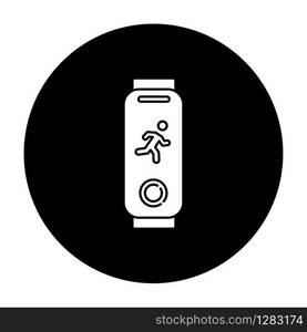 Fitness tracker glyph icon. Wearable gadget. Physical activity monitoring. Sport wrist band. Heart rate recorder. Electronic device. Technology. Vector white silhouette illustration in black circle