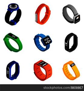 Fitness tracker icons set. Isometric set of fitness tracker vector icons for web design isolated on white background. Fitness tracker icons set, isometric style