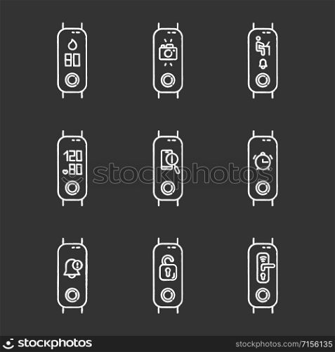 Fitness tracker options on display chalk icons set. Healthy lifestyle accessory. Wearable wellness gadget with lost phone finder, smart home notifications. Isolated vector chalkboard illustrations