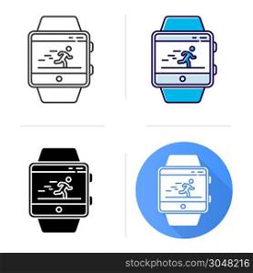 Fitness tracker running application icon. Flat design, linear and color styles. Smartwatch function, wellness service. Healthcare, sport app. Speedometer, steps tracking. Isolated vector illustrations