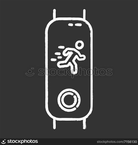 Fitness tracker with running man silhouette on display chalk icon. Wellness gadget monitoring fast movement. Active lifestyle device measuring jogging time. Isolated vector chalkboard illustration