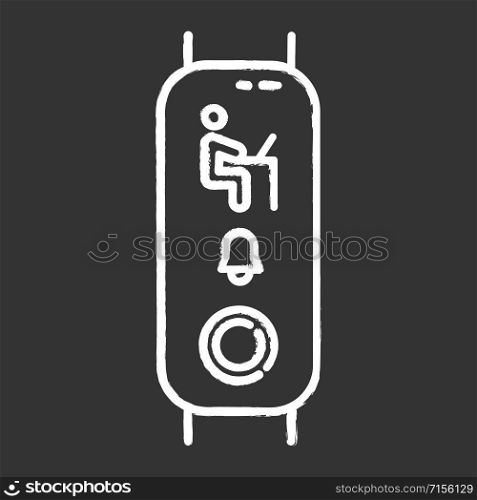 Fitness tracker with working man on display chalk icon. Wellness device monitoring labor hours with notification. Digital device with employee reminder. Isolated vector chalkboard illustration